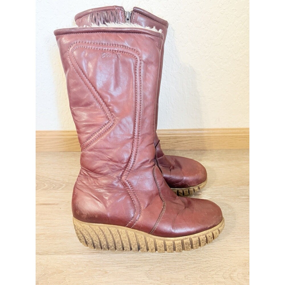 Vintage 70s Husky Bastien Canada Boots 10 Leather Knee High Fur Lined Burgundy